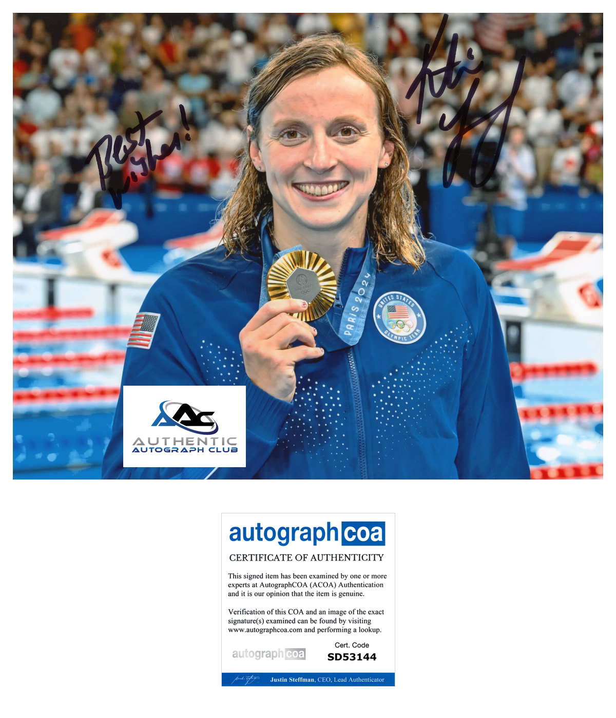 KATIE LEDECKY AUTOGRAPH SIGNED 8X10 PHOTO US WOMENS OLYMPIC SWIMMER ACOA