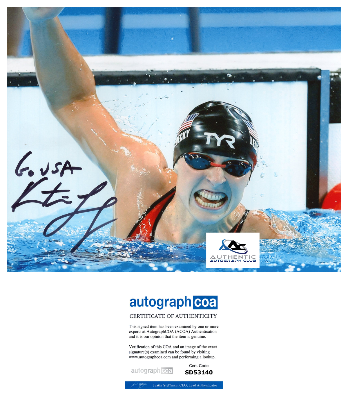 KATIE LEDECKY AUTOGRAPH SIGNED 8X10 PHOTO US WOMENS OLYMPIC SWIMMER ACOA