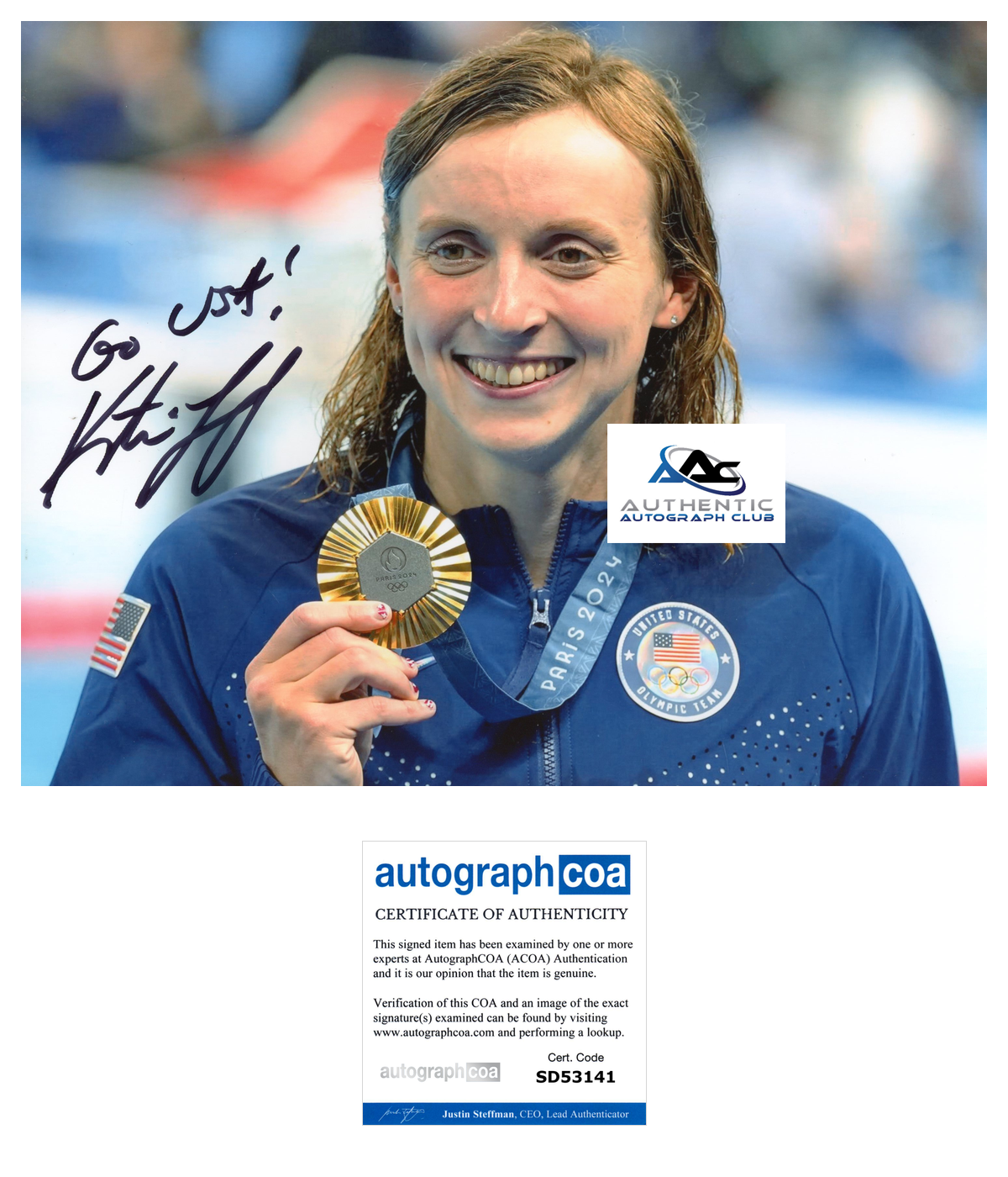KATIE LEDECKY AUTOGRAPH SIGNED 8X10 PHOTO US WOMENS OLYMPIC SWIMMER ACOA
