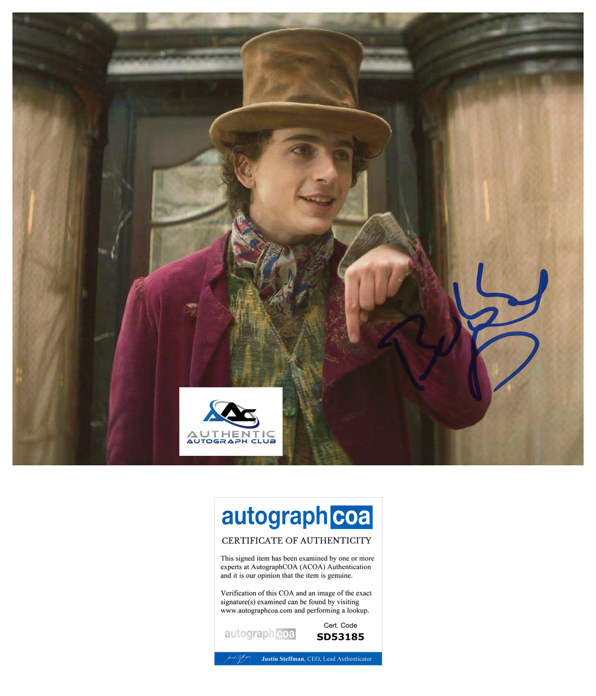 RARE TIMOTHEE CHALAMET AUTOGRAPH SIGNED 8X10 PHOTO WILLY WONKA SIGNED ACOA