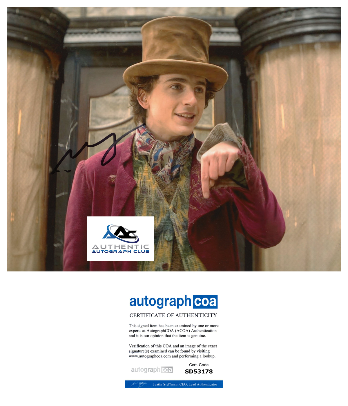 TIMOTHEE CHALAMET AUTOGRAPH SIGNED 8X10 PHOTO WILLY WONKA ACOA