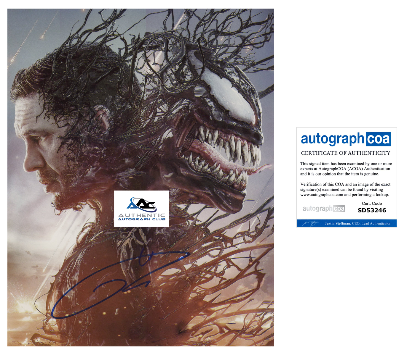 TOM HARDY AUTOGRAPH SIGNED 8x10 PHOTO MARVEL VENOM ACOA