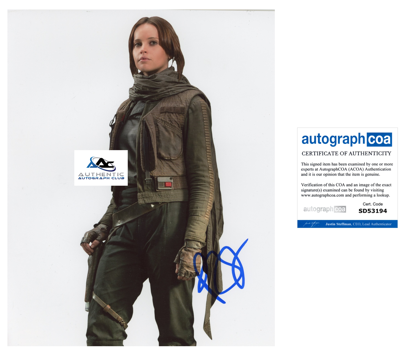 FELICITY JONES AUTOGRAPH SIGNED 8X10 PHOTO STAR WARS ROGUE ONE ACOA