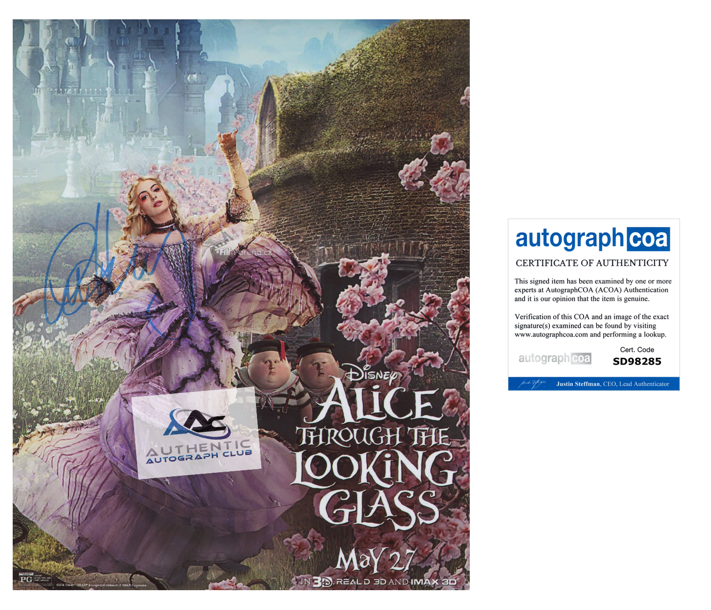 ANNE HATHAWAY AUTOGRAPH SIGNED 8X10 PHOTO ALICE THROUGH THE LOOKING GLASS ACOA