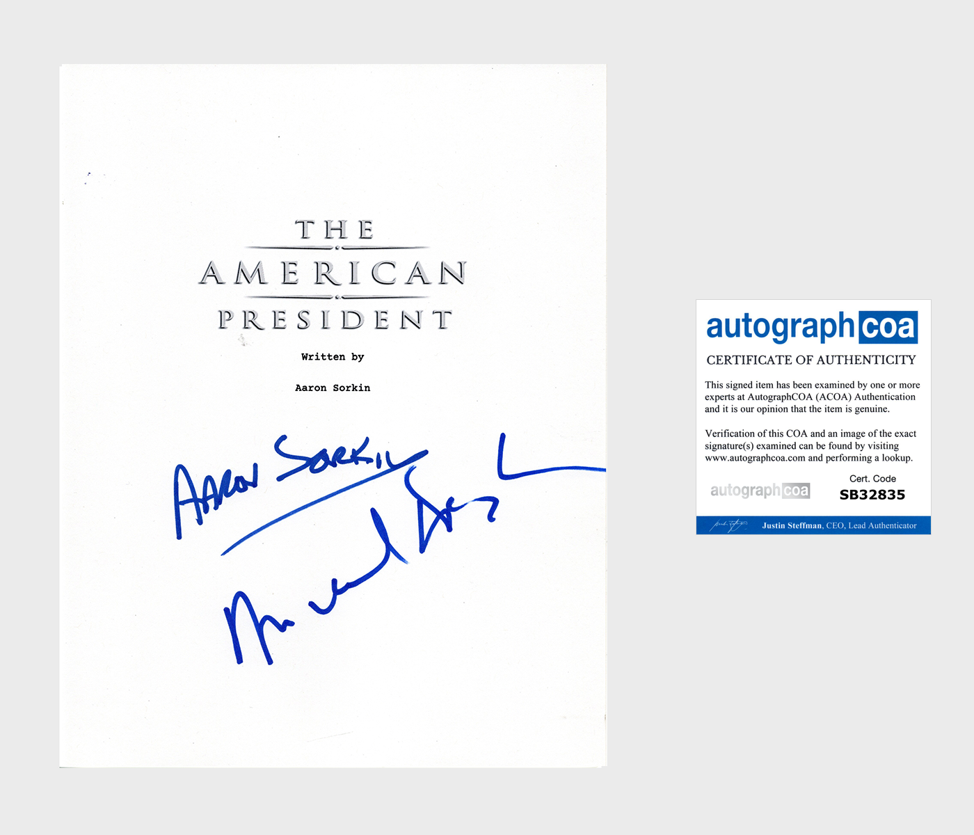 AARON SORKIN MICHAEL DOUGLAS AUTOGRAPH SIGNED THE AMERICAN PRESIDENT SCRIPT ACOA