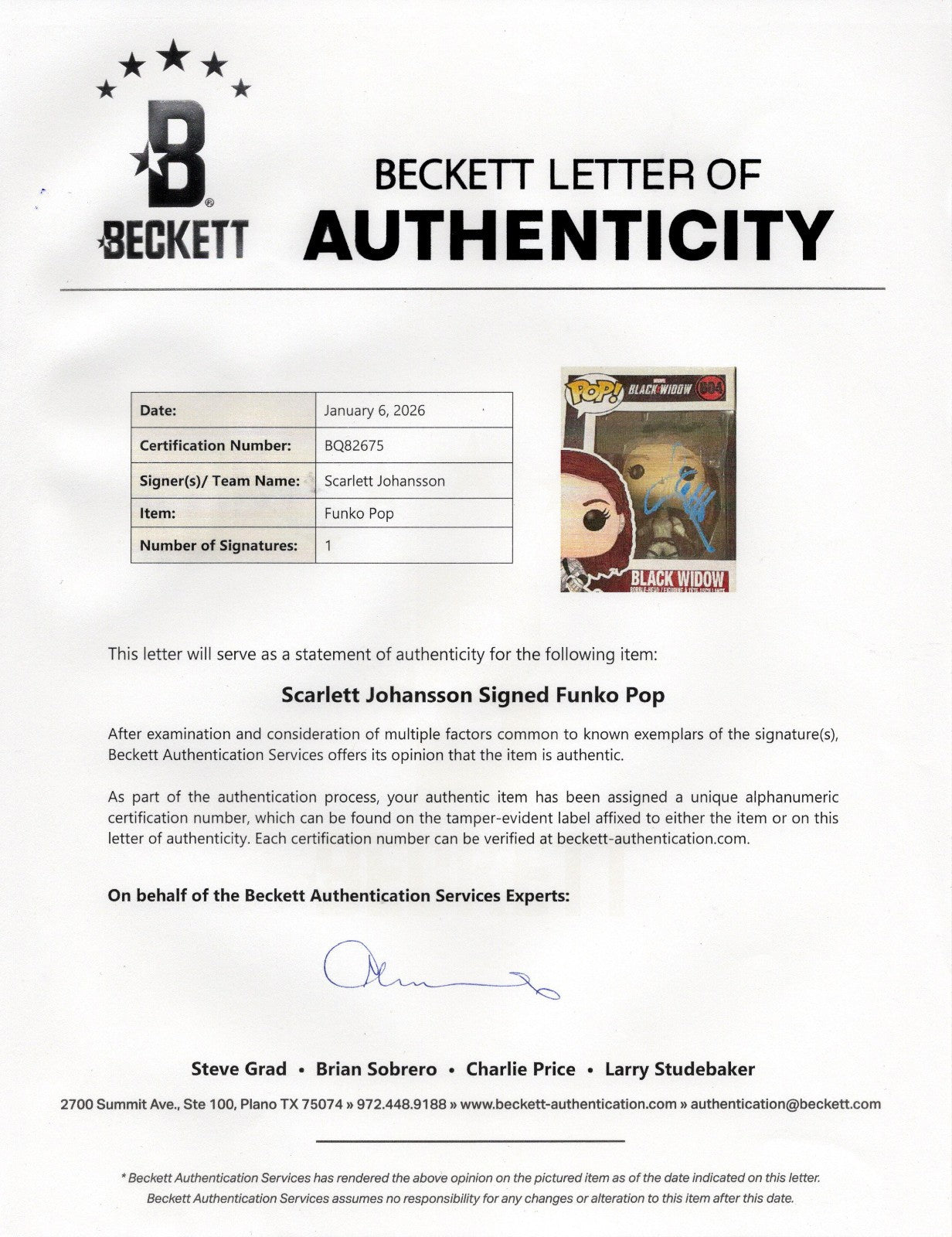 SCARLETT JOHANSSON AUTOGRAPH SIGNED BLACK WIDOW FUNKO POP MARVEL BECKETT BAS LOA