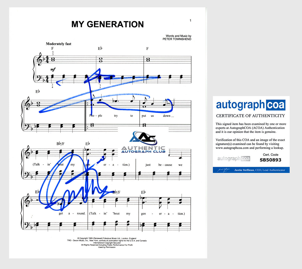 ROGER DALTREY PETE TOWNSHEND AUTOGRAPH SIGNED SHEET MUSIC THE WHO ACOA