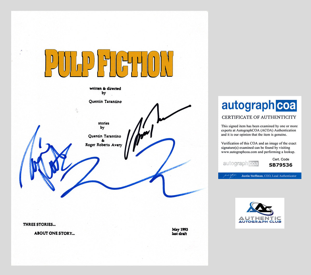 QUENTIN TARANTINO, UMA, TIM ROTH AUTOGRAPH SIGNED PULP FICTION MOVIE SCRIPT ACOA
