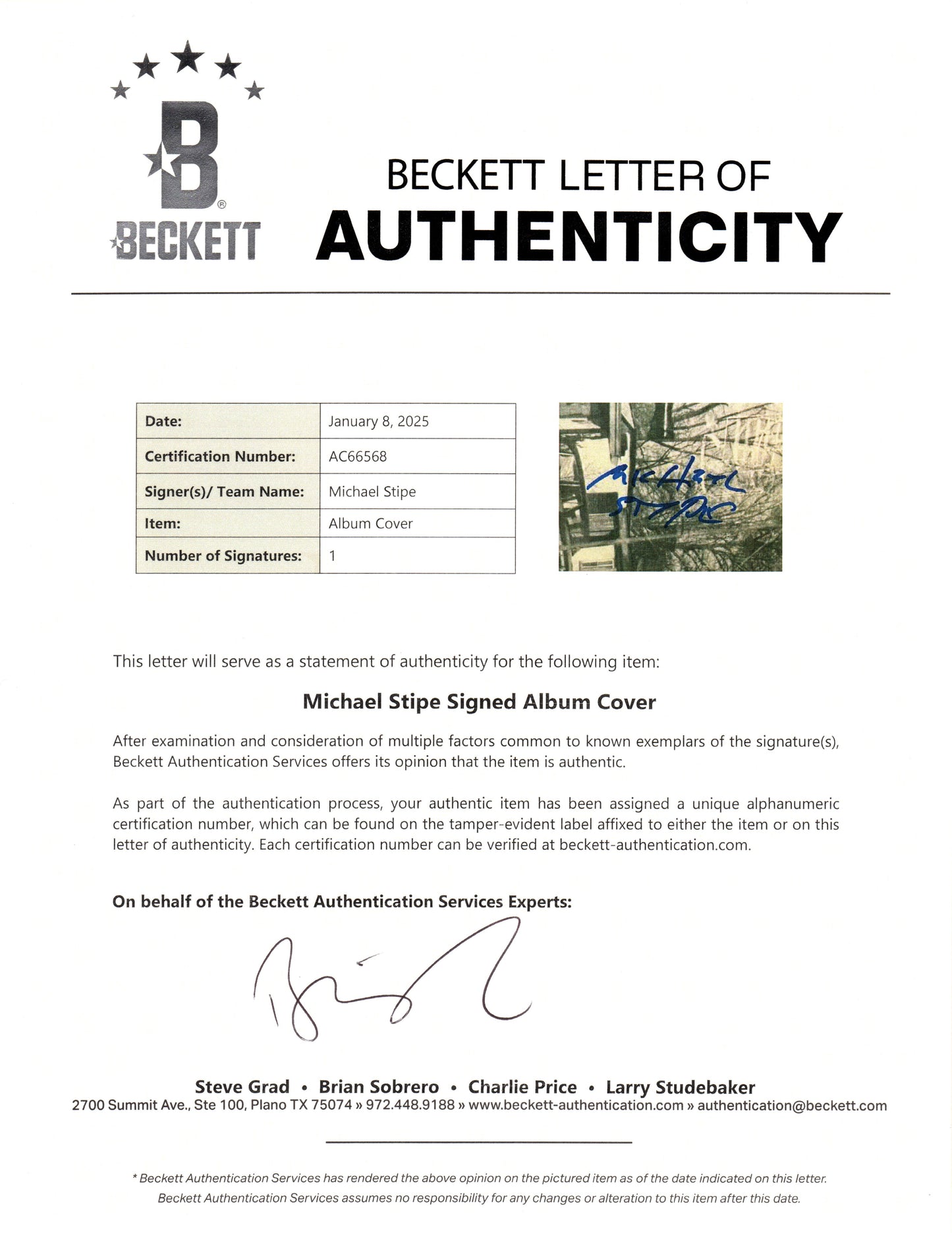 MICHAEAL STIPE AUTOGRAPH SIGNED DOCUMENT VINYL ALBUM RECORD BECKETT BAS COA LOA