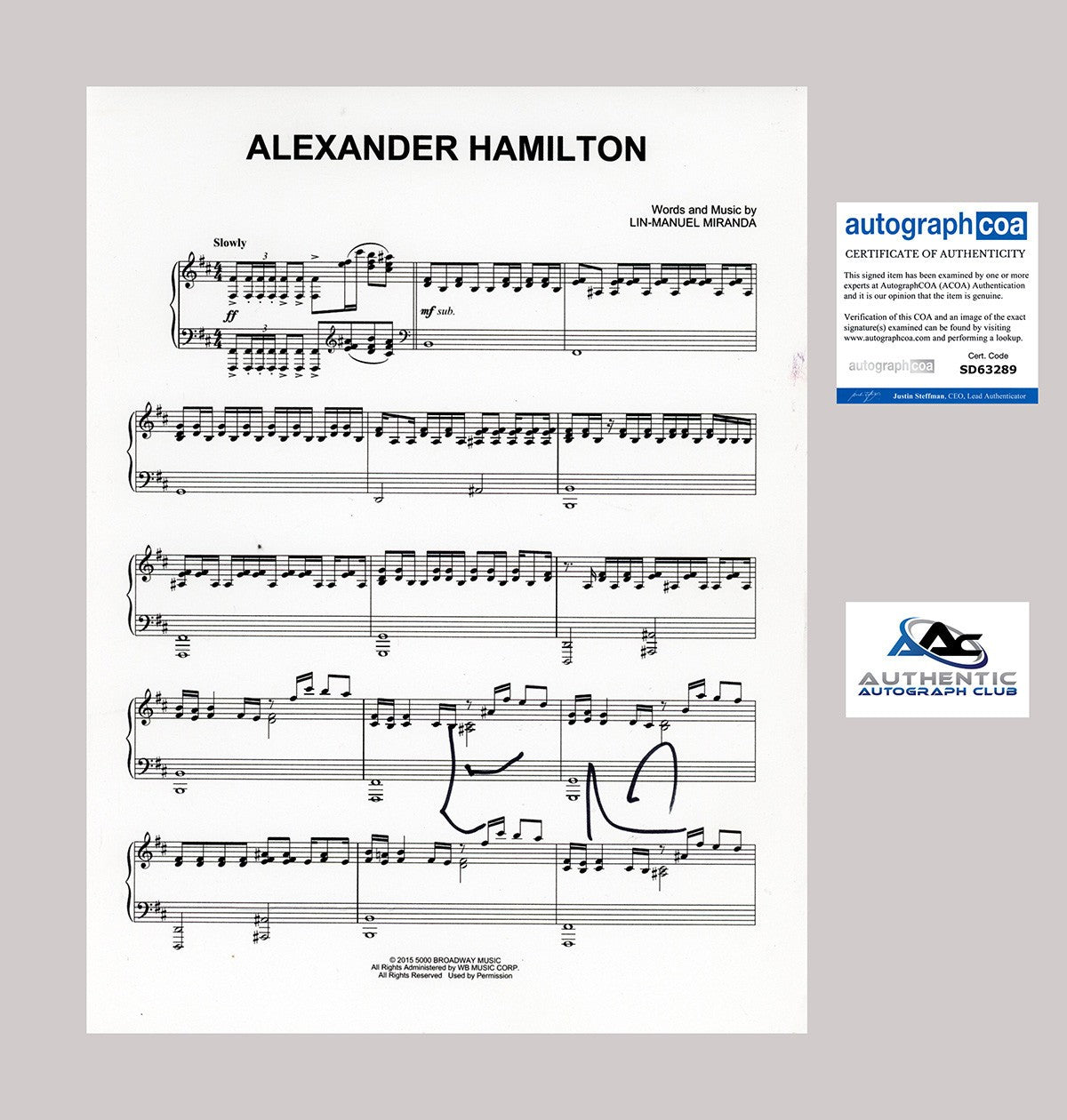 LIN MANUEL MIRANDA AUTOGRAPH SIGNED ALEXANDER HAMILTON SHEET MUSIC ACOA