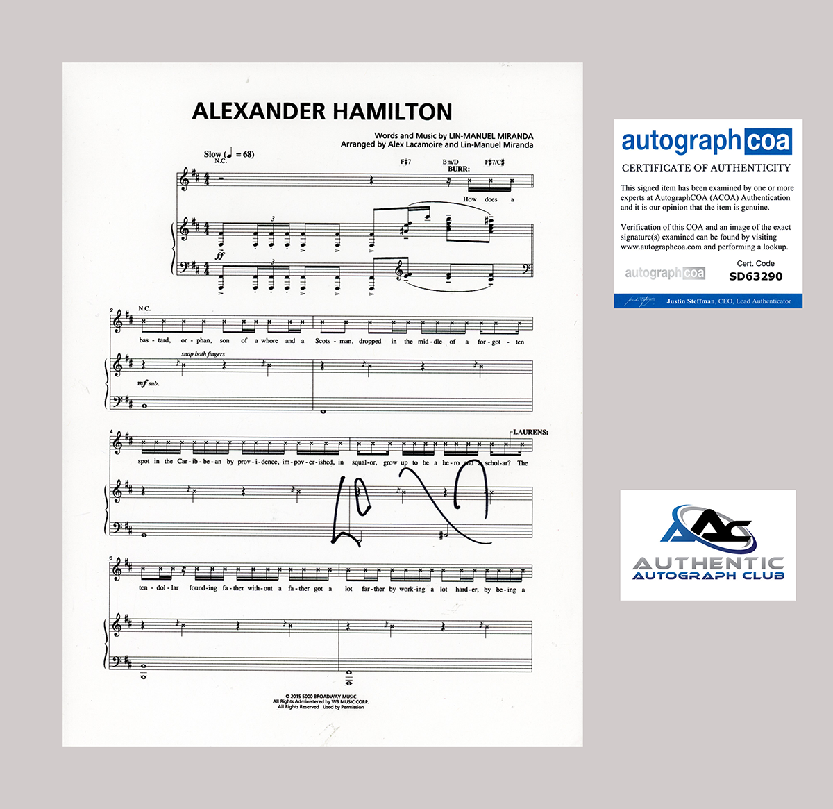 LIN MANUEL MIRANDA AUTOGRAPH SIGNED ALEXANDER HAMILTON SHEET MUSIC ACOA