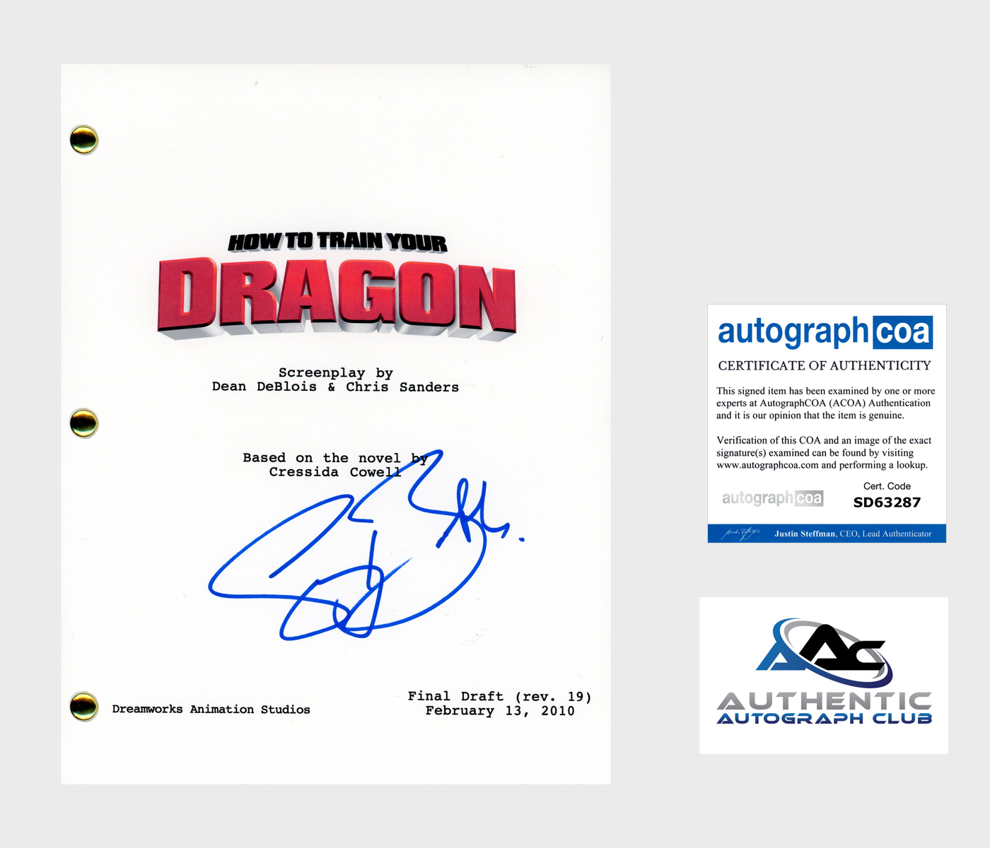 GERARD BUTLER AUTOGRAPH SIGNED HOW TO TRAIN YOUR DRAGON SCRIPT SCREENPLAY ACOA