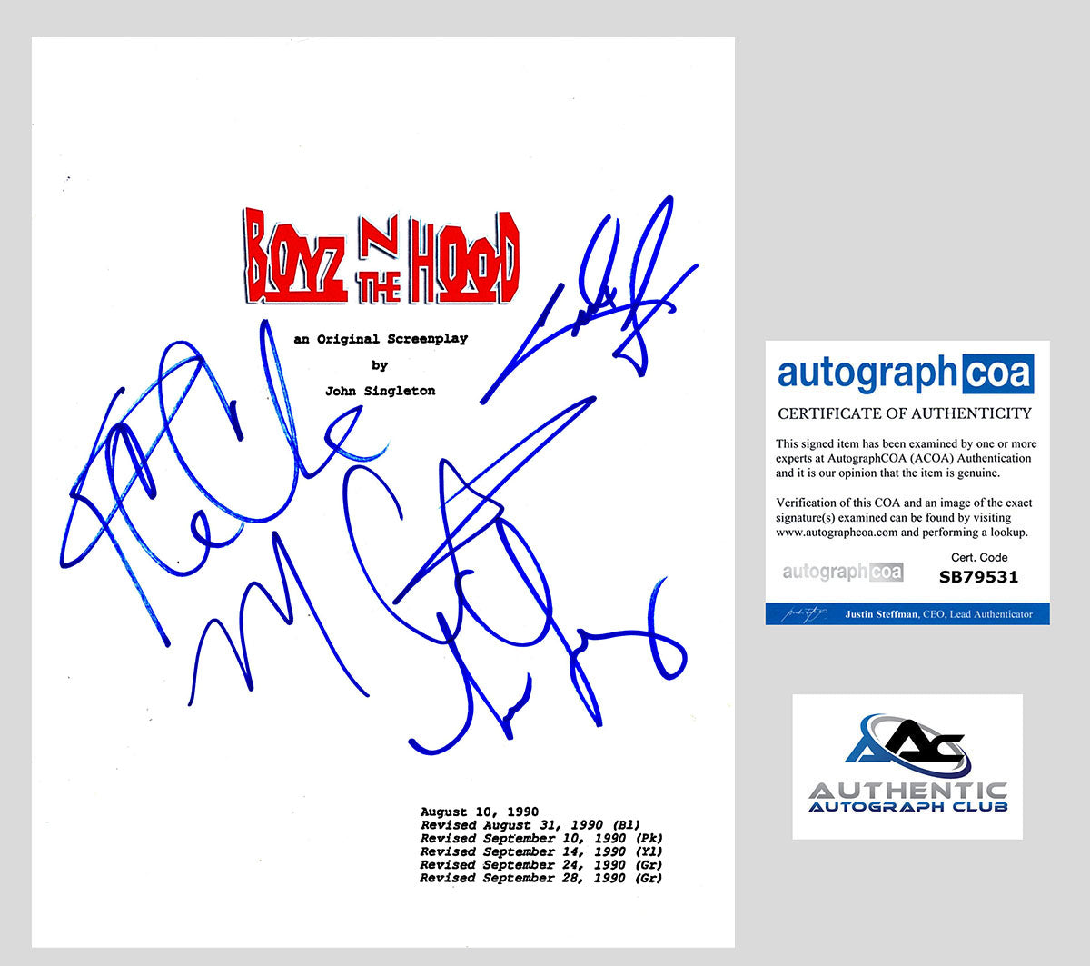 MORRIS CHESTNUT, ICE CUBE +2 AUTOGRAPH SIGNED BOYZ N THE HOOD MOVIE SCRIPT ACOA