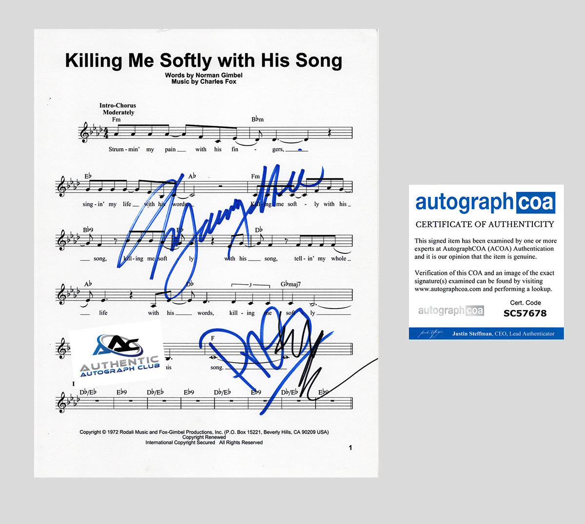 LAURYN HILL, PRAS, WYCLEF JEAN AUTOGRAPH SIGNED KILLING ME SOFTLY WITH HIS SONG FUGEES SHEET MUSIC ACOA
