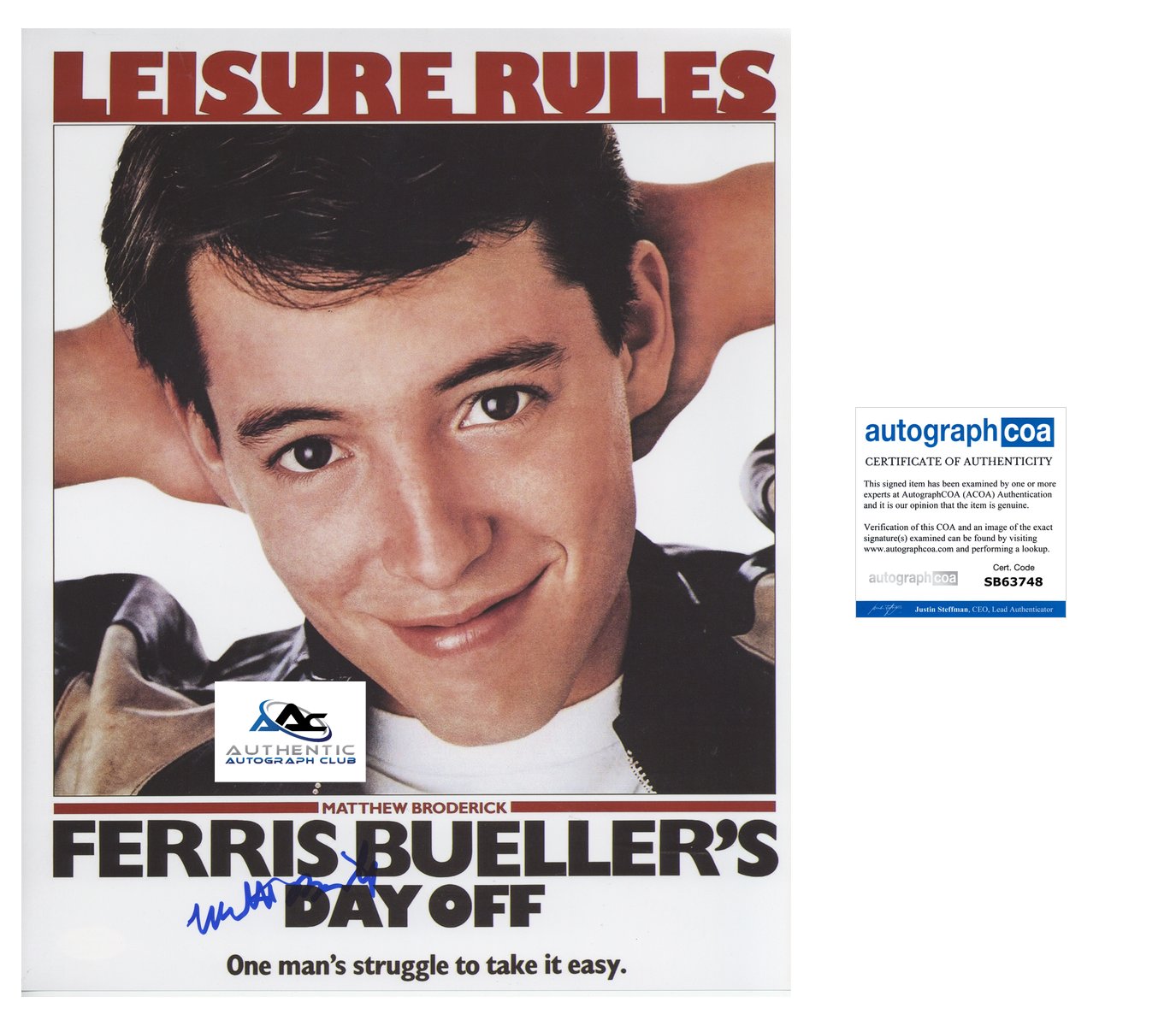 MATTHEW BRODERICK AUTOGRAPH SIGNED 11x14 PHOTO FERRIS BUELLER'S DAY OFF ACOA