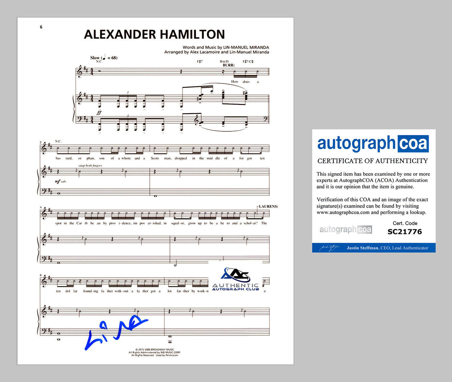 LIN MANUEL MIRANDA AUTOGRAPH SIGNED ALEXANDER HAMILTON SHEET MUSIC ACOA