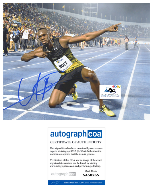 USAIN BOLT AUTOGRAPH SIGNED 8X10 PHOTO 2016 RIO OLYMPIC GOLD MEDALIST ACOA COA