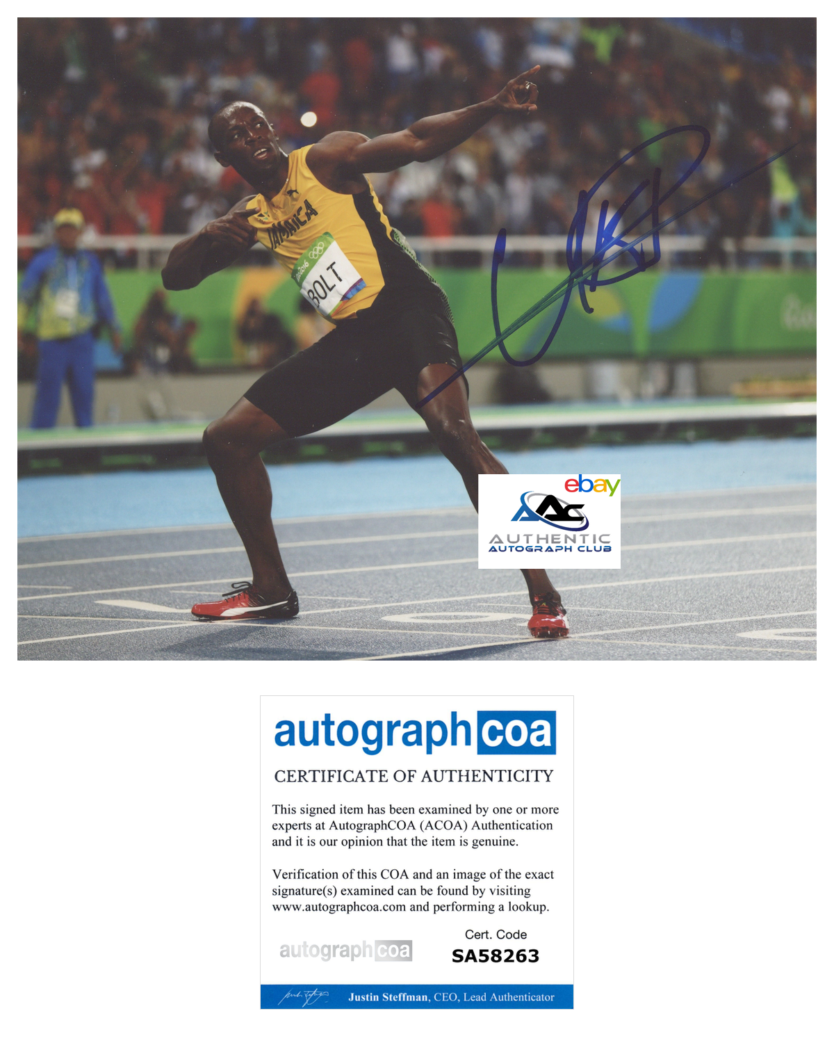 USAIN BOLT AUTOGRAPH SIGNED 8X10 PHOTO 2016 RIO OLYMPIC GOLD MEDALIST ACOA COA