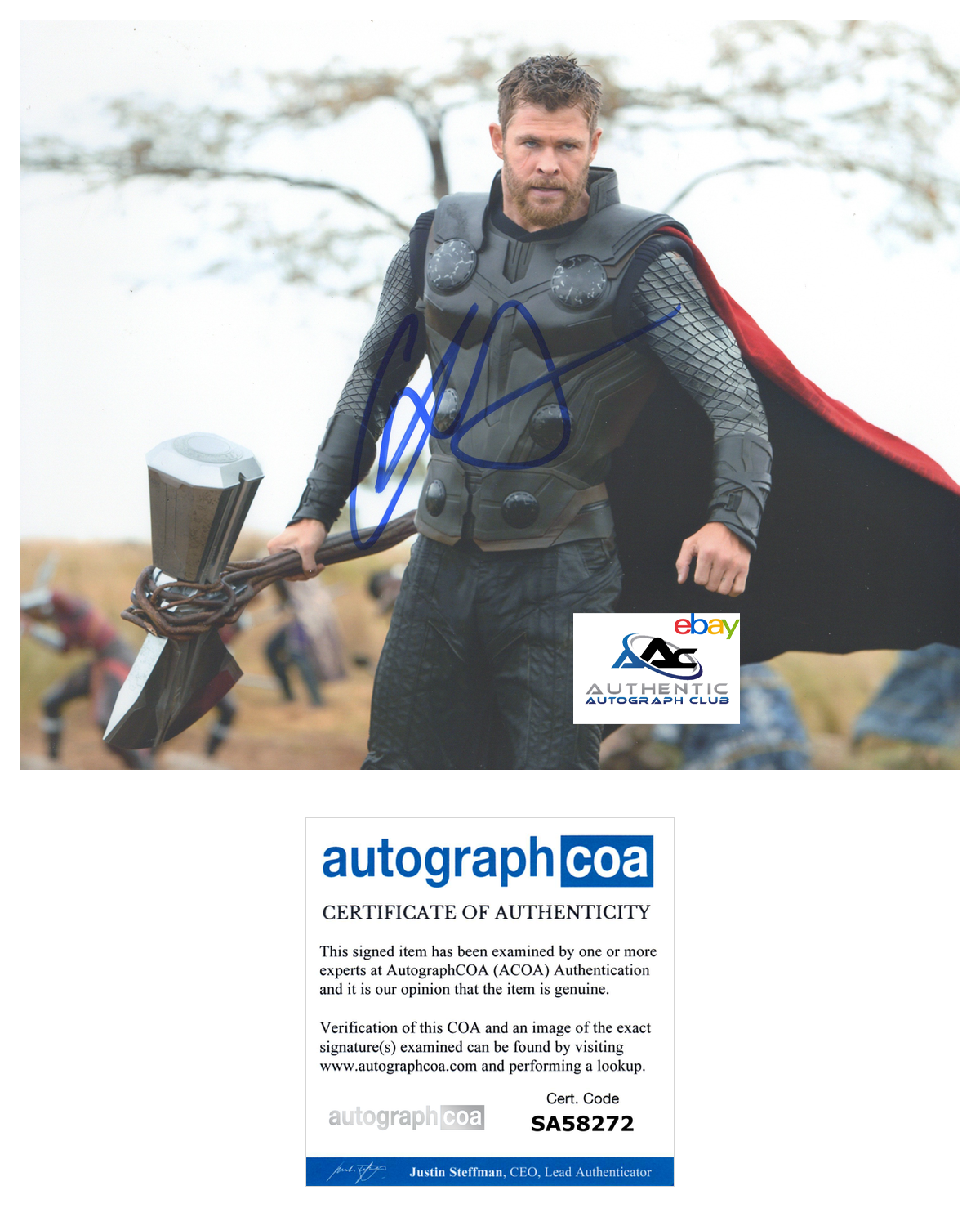 CHRIS HEMSWORTH AUTOGRAPH SIGNED 8x10 PHOTO THOR RAGNAROK MARVEL ACOA COA