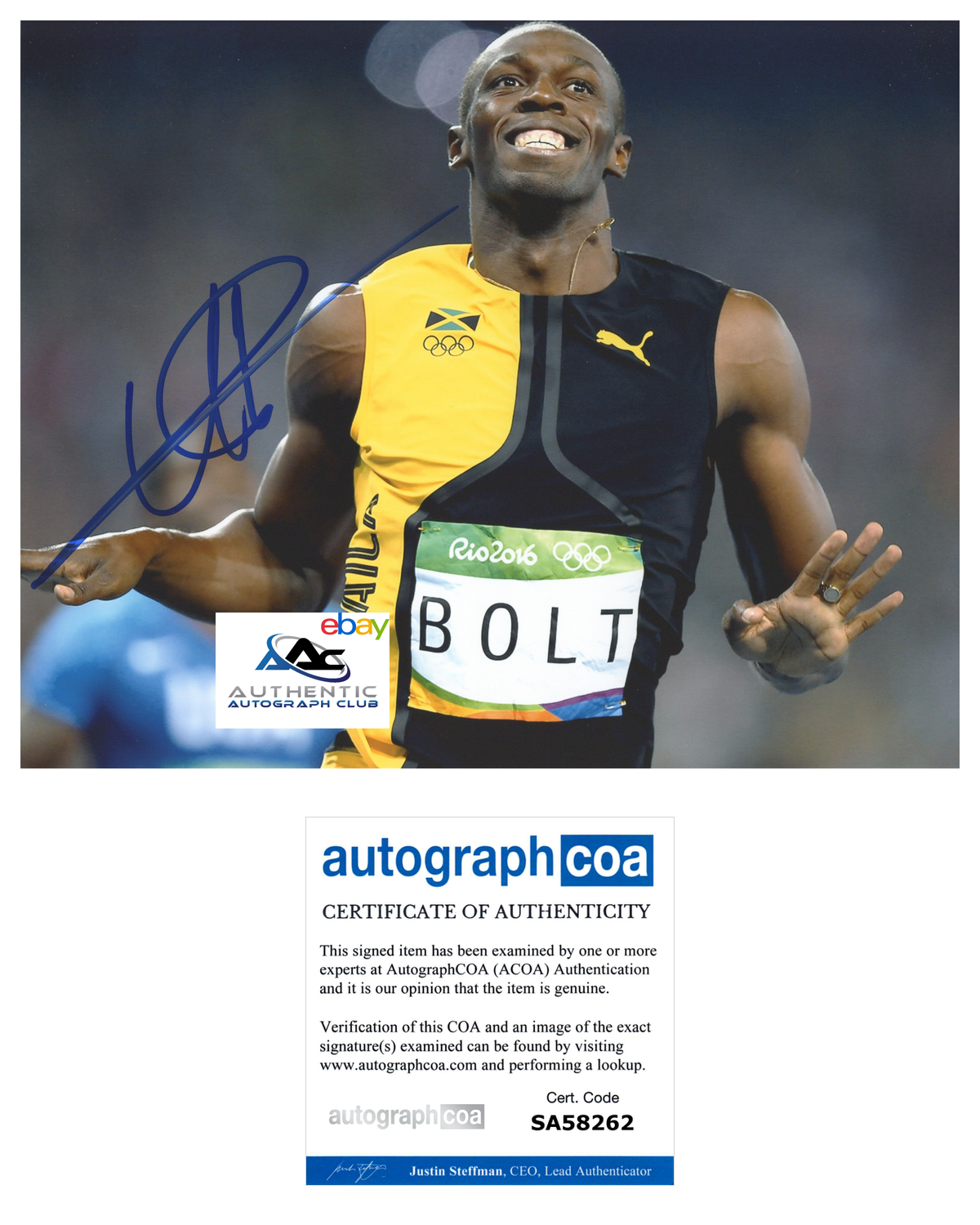 USAIN BOLT AUTOGRAPH SIGNED 8X10 PHOTO 2016 RIO OLYMPIC GOLD MEDALIST ACOA COA