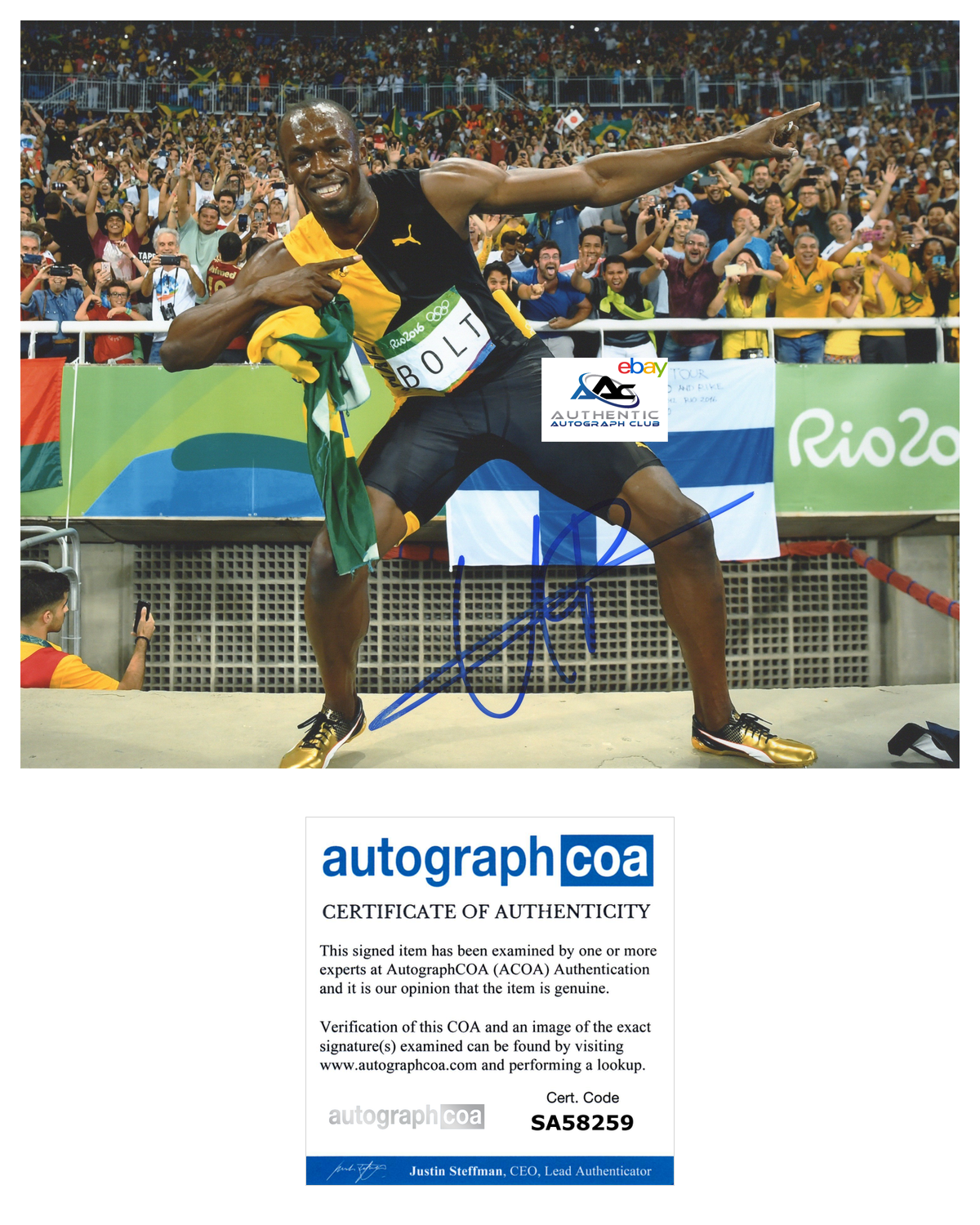 USAIN BOLT AUTOGRAPH SIGNED 8X10 PHOTO 2016 RIO OLYMPIC GOLD MEDALIST ACOA COA