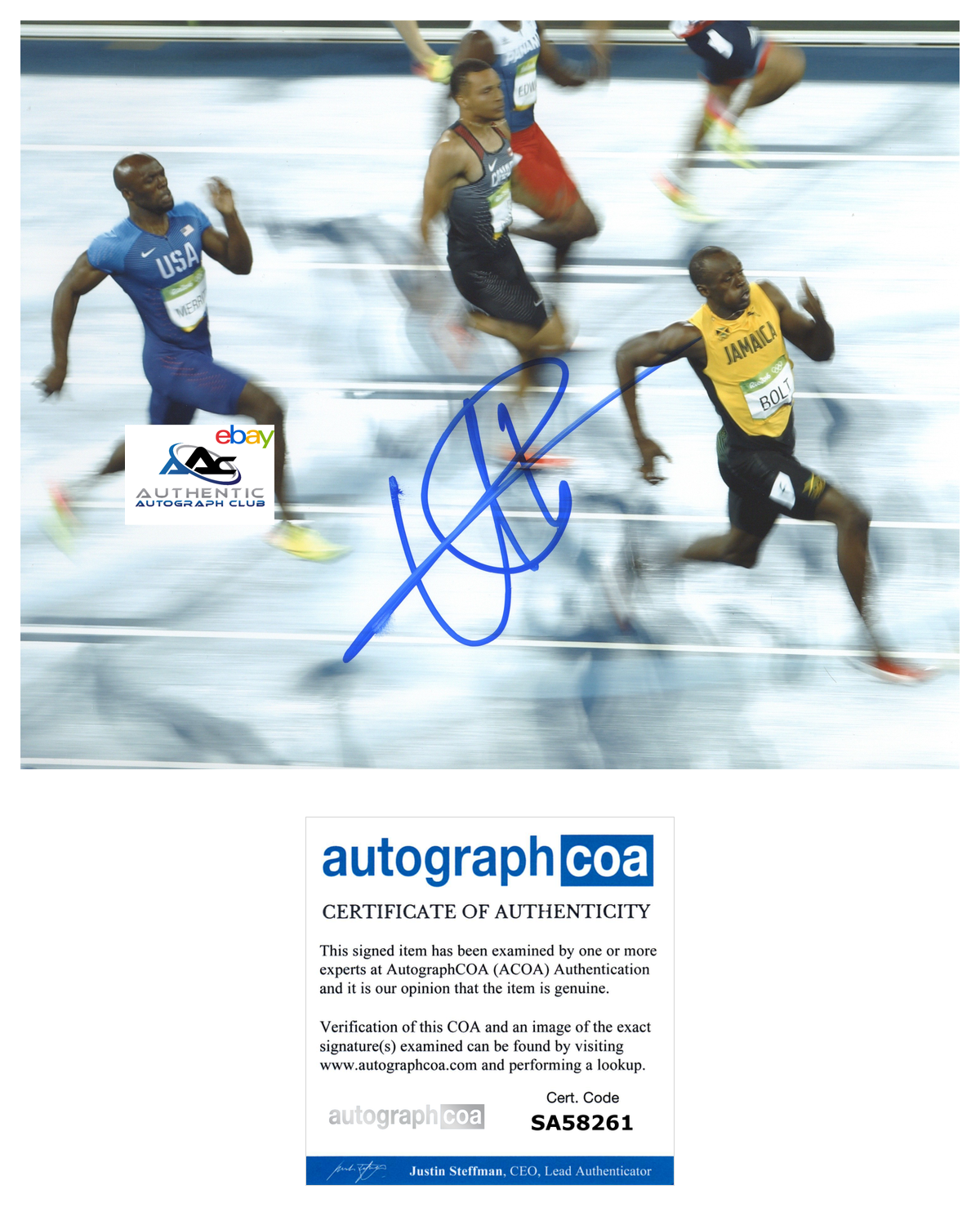 USAIN BOLT AUTOGRAPH SIGNED 8X10 PHOTO 2016 RIO OLYMPIC GOLD MEDALIST ACOA COA