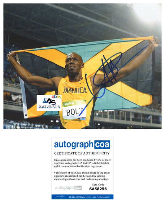 USAIN BOLT AUTOGRAPH SIGNED 8X10 PHOTO 2016 RIO OLYMPIC GOLD MEDALIST ACOA COA