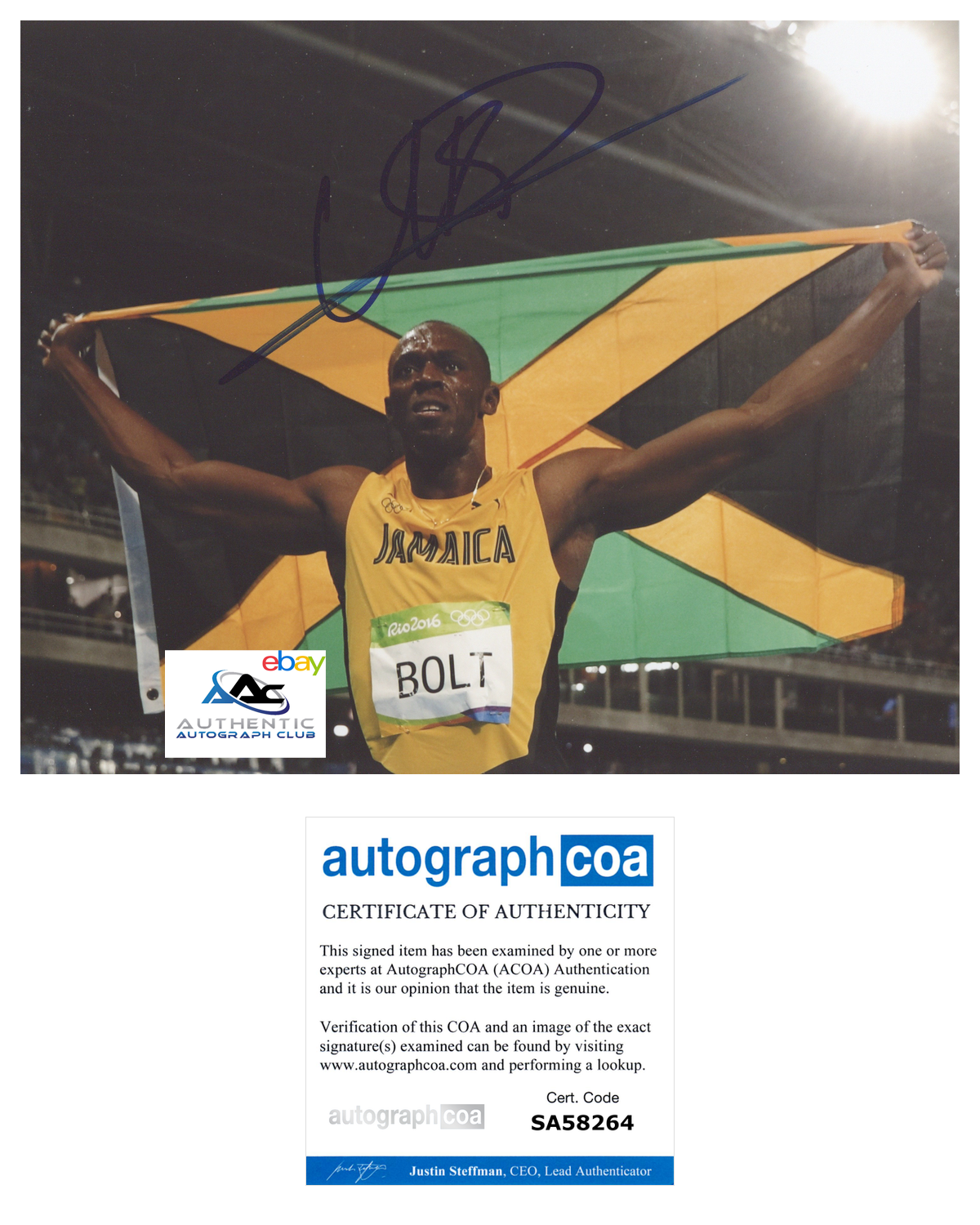 USAIN BOLT AUTOGRAPH SIGNED 8X10 PHOTO 2016 RIO OLYMPIC GOLD MEDALIST ACOA COA