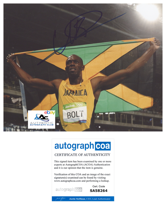 USAIN BOLT AUTOGRAPH SIGNED 8X10 PHOTO 2016 RIO OLYMPIC GOLD MEDALIST ACOA COA