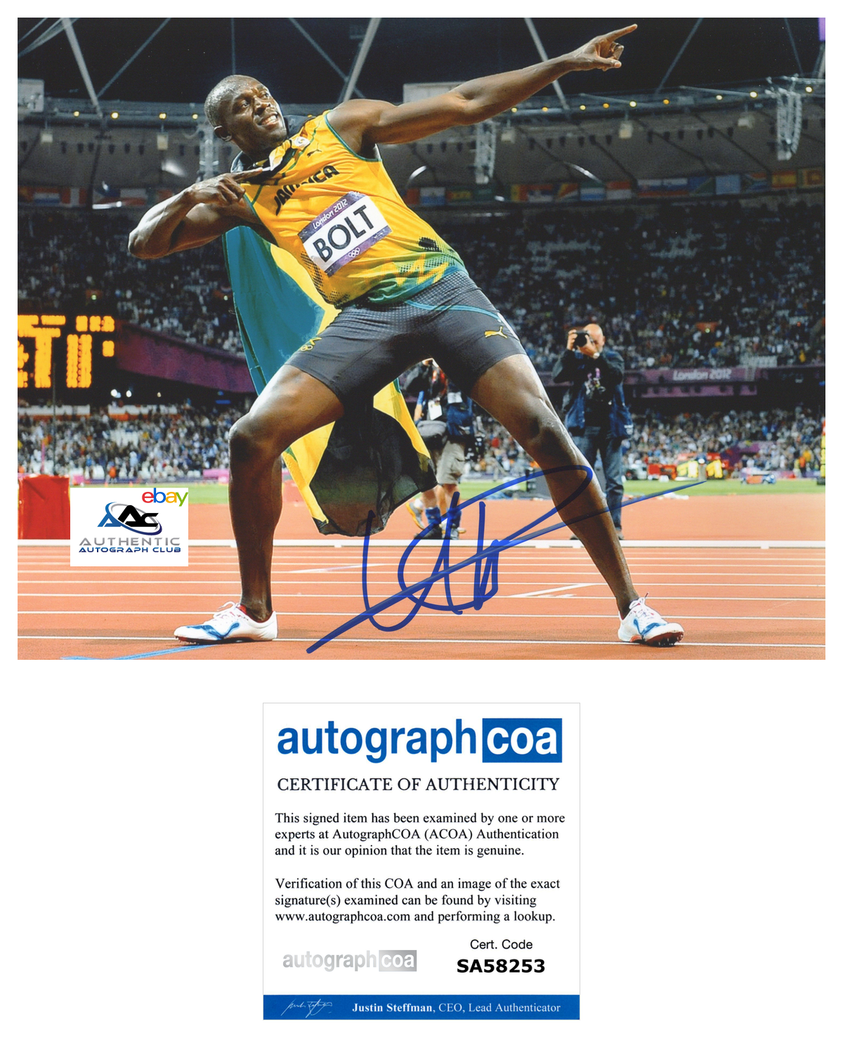 USAIN BOLT AUTOGRAPH SIGNED 8X10 PHOTO 2016 RIO OLYMPIC GOLD MEDALIST ACOA COA