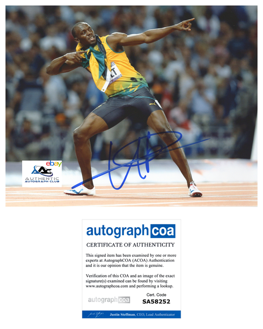 USAIN BOLT AUTOGRAPH SIGNED 8X10 PHOTO 2016 RIO OLYMPIC GOLD MEDALIST ACOA COA