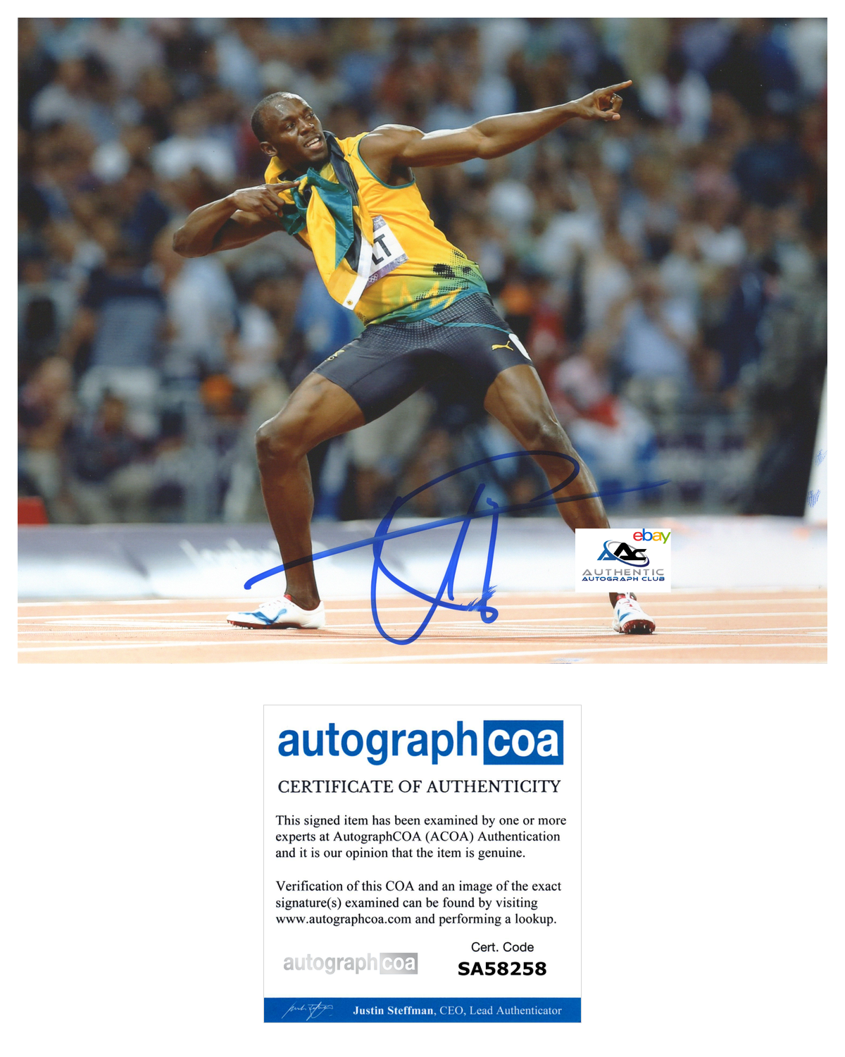 USAIN BOLT AUTOGRAPH SIGNED 8X10 PHOTO 2016 RIO OLYMPIC GOLD MEDALIST ACOA COA