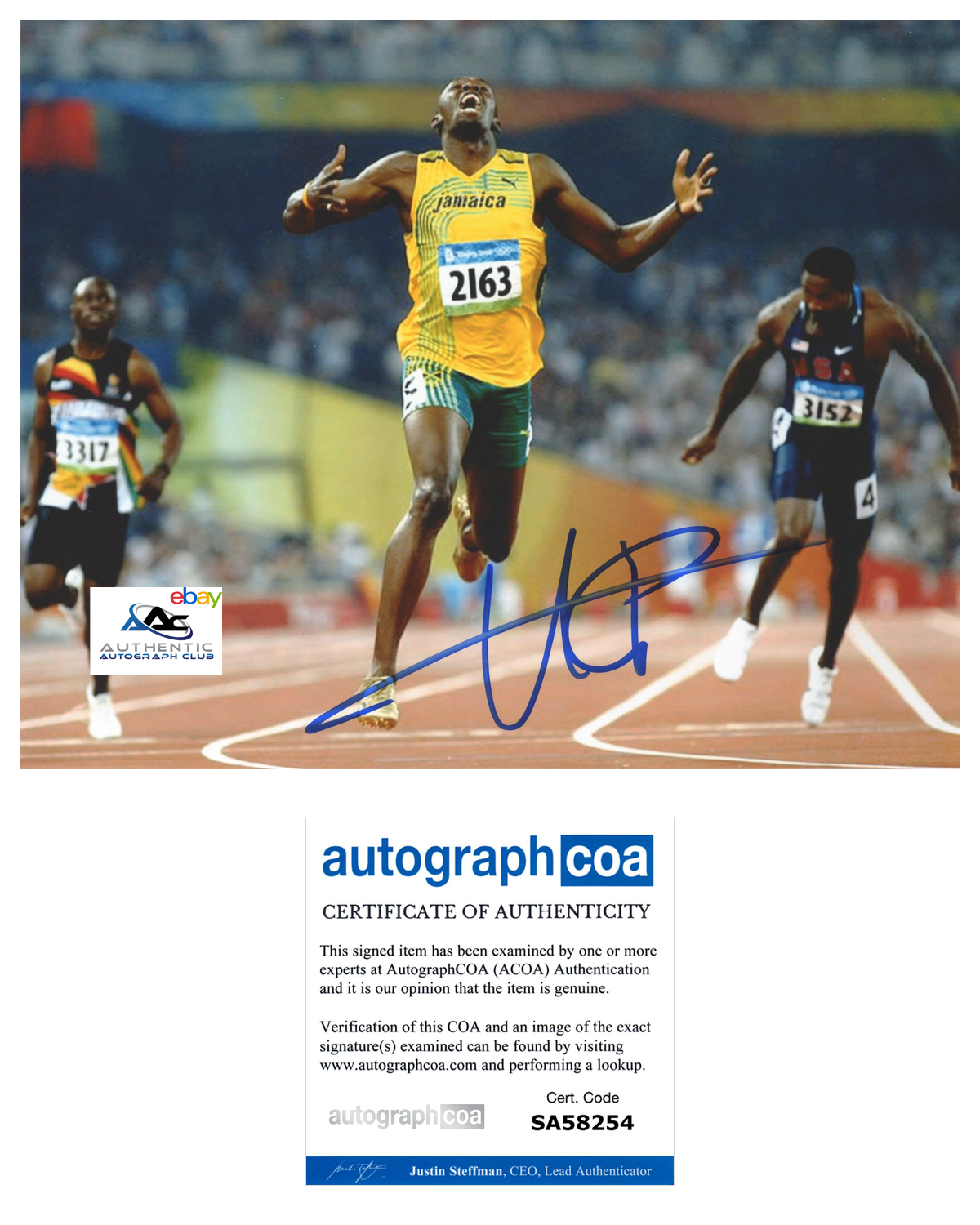 USAIN BOLT AUTOGRAPH SIGNED 8X10 PHOTO 2016 RIO OLYMPIC GOLD MEDALIST ACOA COA