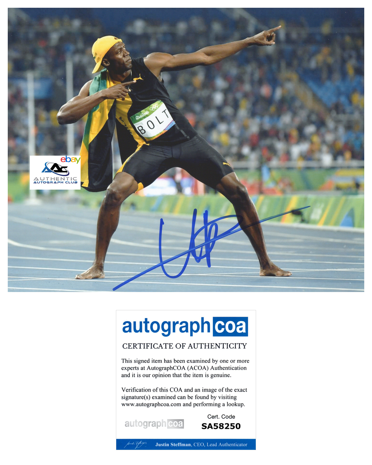 USAIN BOLT AUTOGRAPH SIGNED 8X10 PHOTO 2016 RIO OLYMPIC GOLD MEDALIST ACOA COA