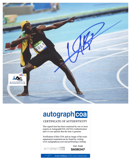 USAIN BOLT AUTOGRAPH SIGNED 8X10 PHOTO 2016 RIO OLYMPIC GOLD MEDALIST ACOA COA