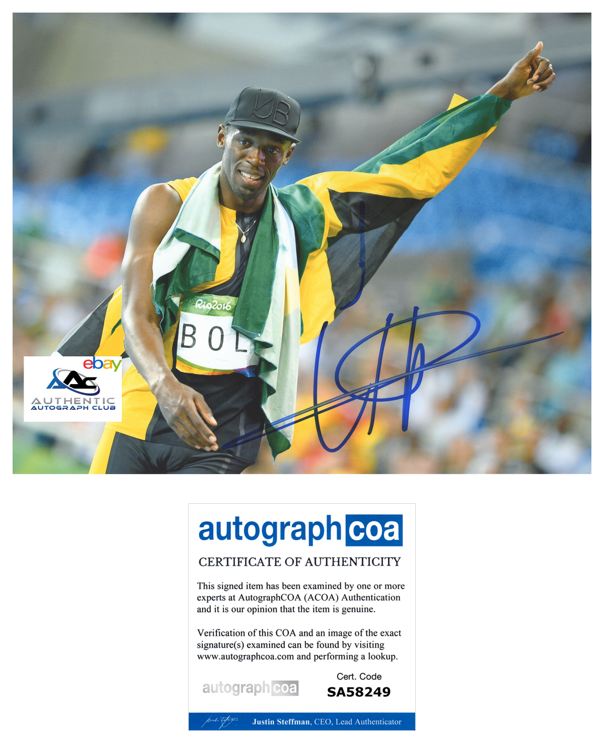 USAIN BOLT AUTOGRAPH SIGNED 8X10 PHOTO 2016 RIO OLYMPIC GOLD MEDALIST ACOA COA