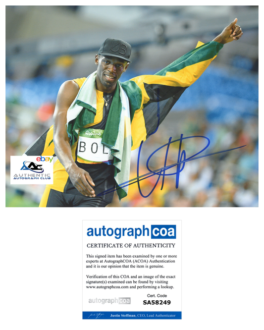 USAIN BOLT AUTOGRAPH SIGNED 8X10 PHOTO 2016 RIO OLYMPIC GOLD MEDALIST ACOA COA