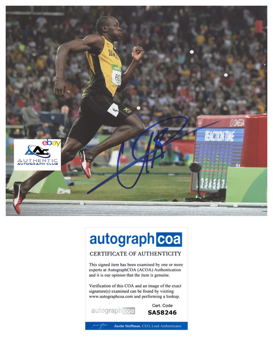 USAIN BOLT AUTOGRAPH SIGNED 8X10 PHOTO 2016 RIO OLYMPIC GOLD MEDALIST ACOA COA