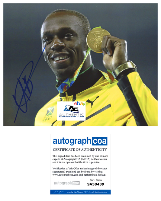 USAIN BOLT AUTOGRAPH SIGNED 8X10 PHOTO OLYMPIC GOLD MEDALIST ACOA