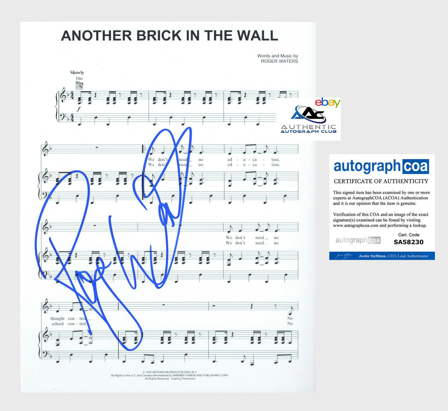 ROGER WATERS AUTOGRAPH SIGNED SHEET MUSIC PINK FLOYD ANOTHER BRICK IN THE ACOA