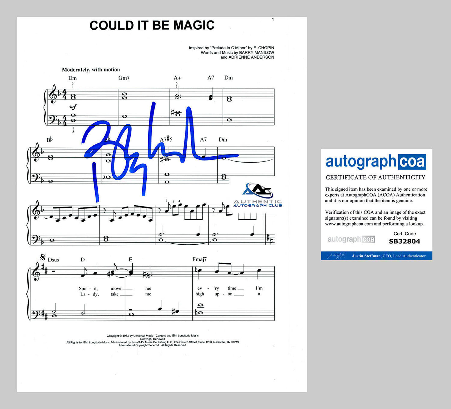 BARRY MANILOW AUTOGRAPH SIGNED SHEET MUSIC 8X10 PHOTO COULD IT BE MAGIC ACOA