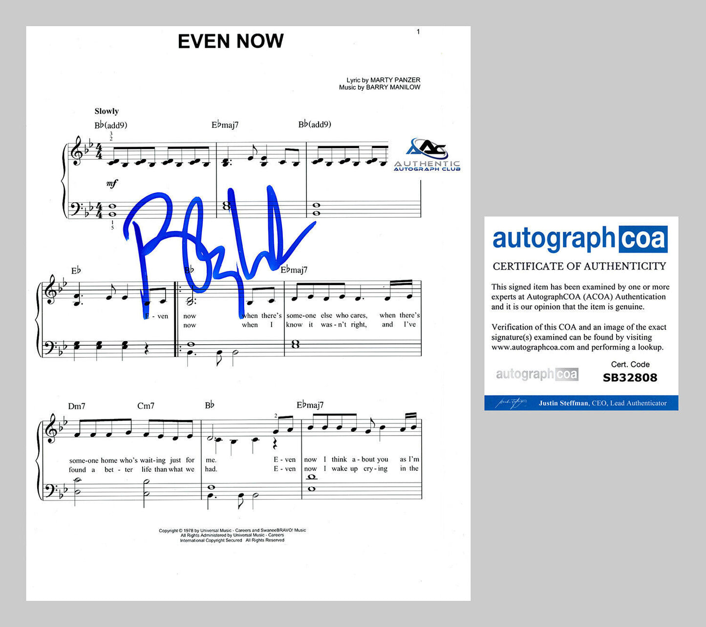 BARRY MANILOW AUTOGRAPH SIGNED SHEET MUSIC 8X10 PHOTO EVEN NOW ACOA