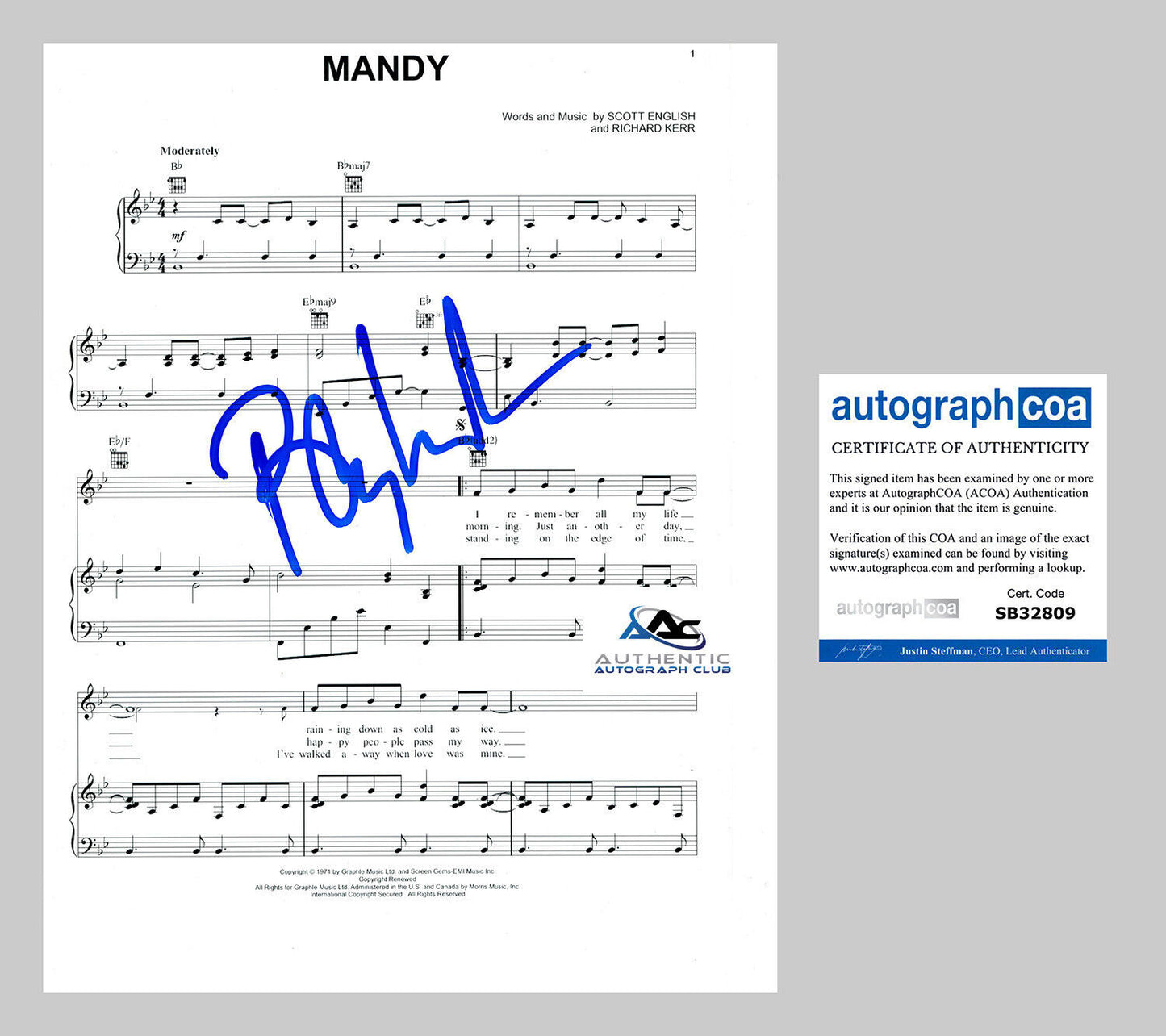 BARRY MANILOW AUTOGRAPH SIGNED SHEET MUSIC 8X10 PHOTO MANDY ACOA