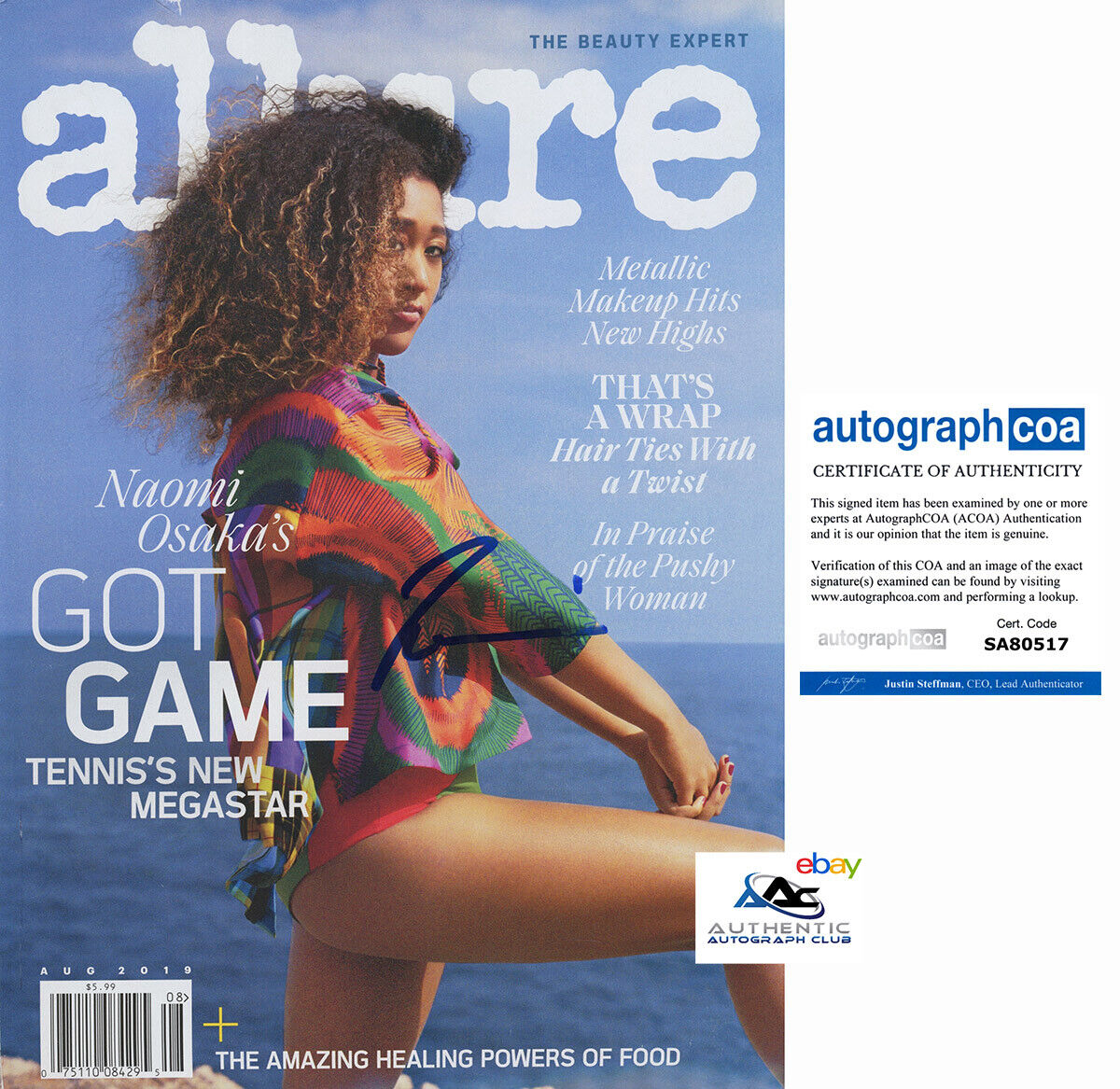 NAOMI OSAKA AUTOGRAPH SIGNED ALURE MAGAZINE TENNIS CHAMP US OPEN ACOA