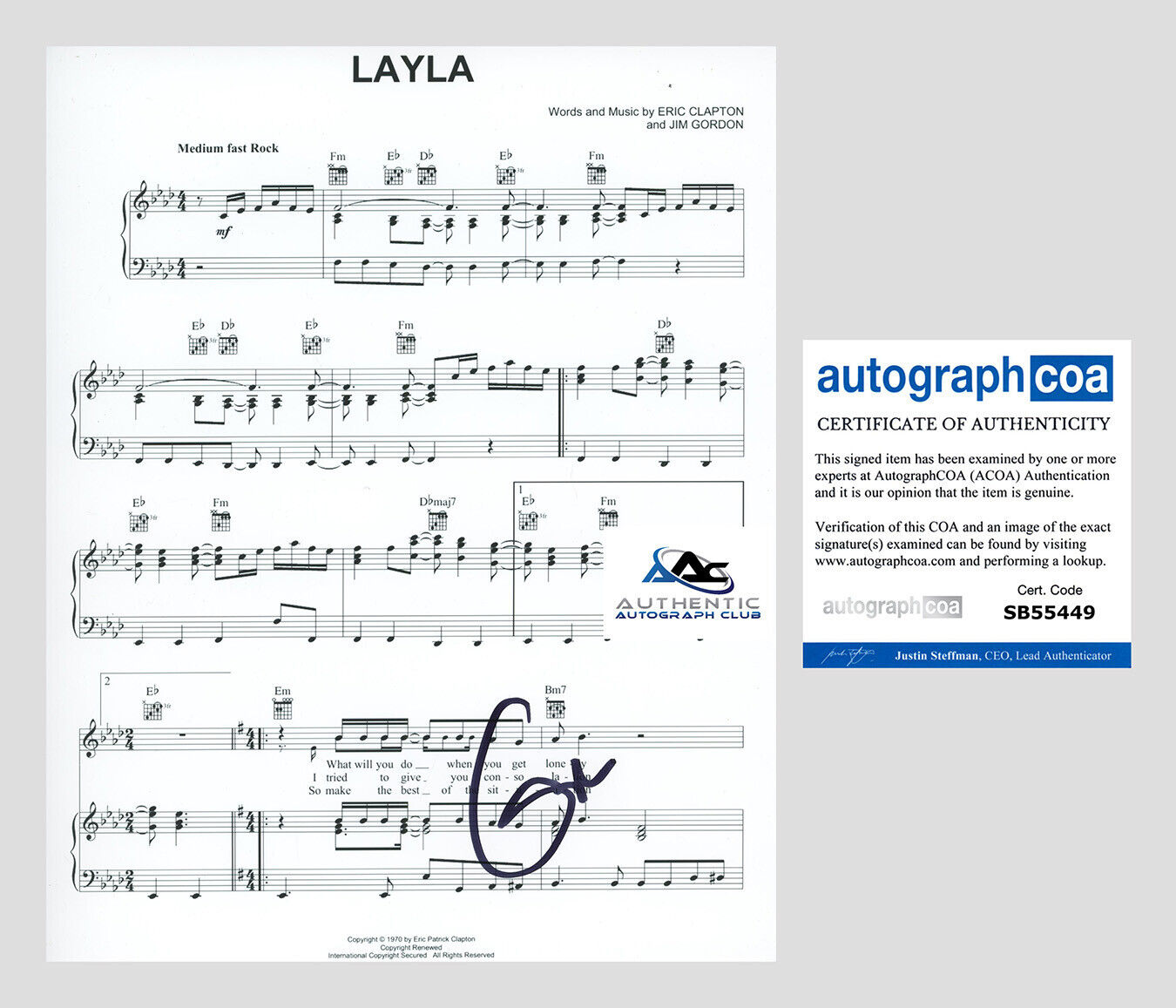 ERIC CLAPTON AUTOGRAPH SIGNED LAYLA SHEET MUSIC ACOA