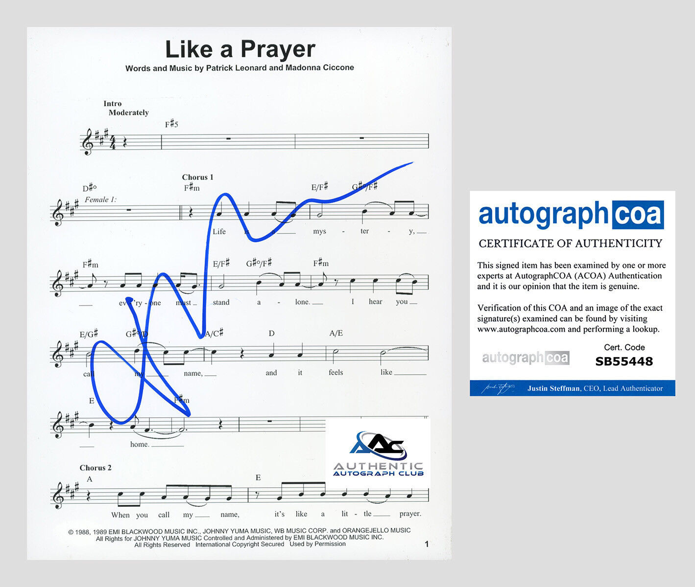 MADONNA AUTOGRAPH SIGNED LIKE A PRAYER SHEET MUSIC ACOA