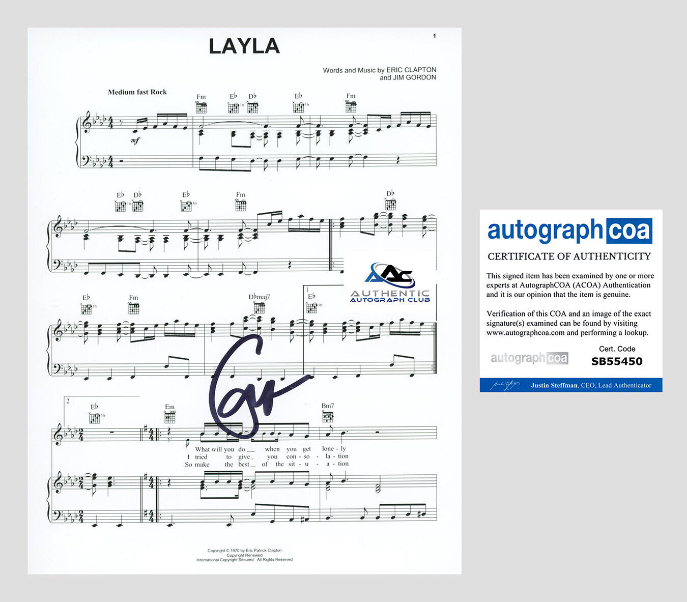 ERIC CLAPTON AUTOGRAPH SIGNED LAYLA SHEET MUSIC ACOA