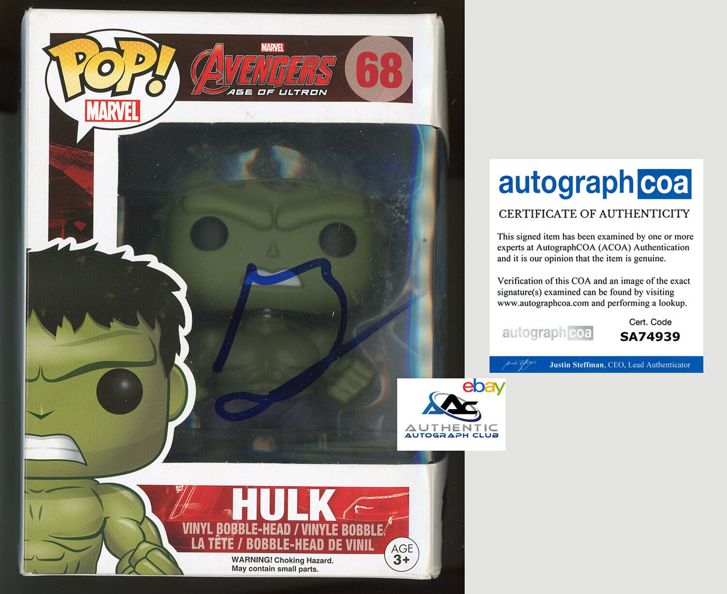 MARK RUFFALO AUTOGRAPH SIGNED HULK AVENGERS ULTRON FUNKO POP TOY 68 MARVEL ACOA