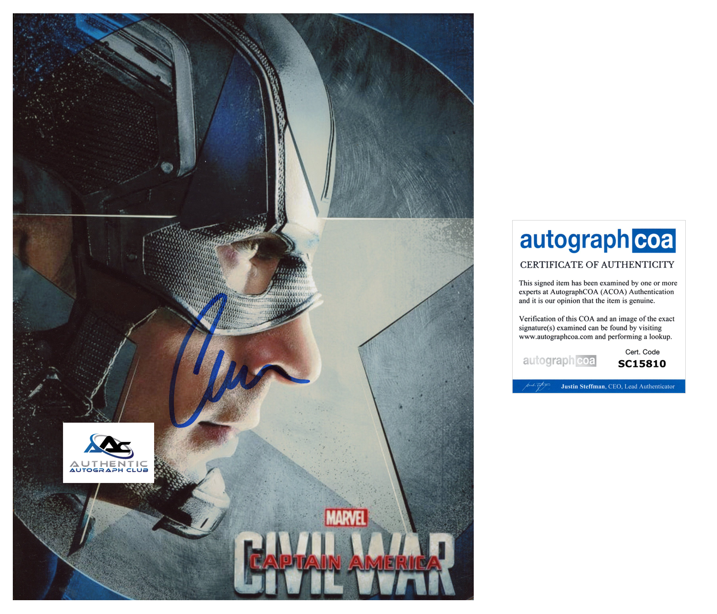 CHRIS EVANS AUTOGRAPH SIGNED 8x10 PHOTO CAPTAIN AMERICA MARVEL ACOA