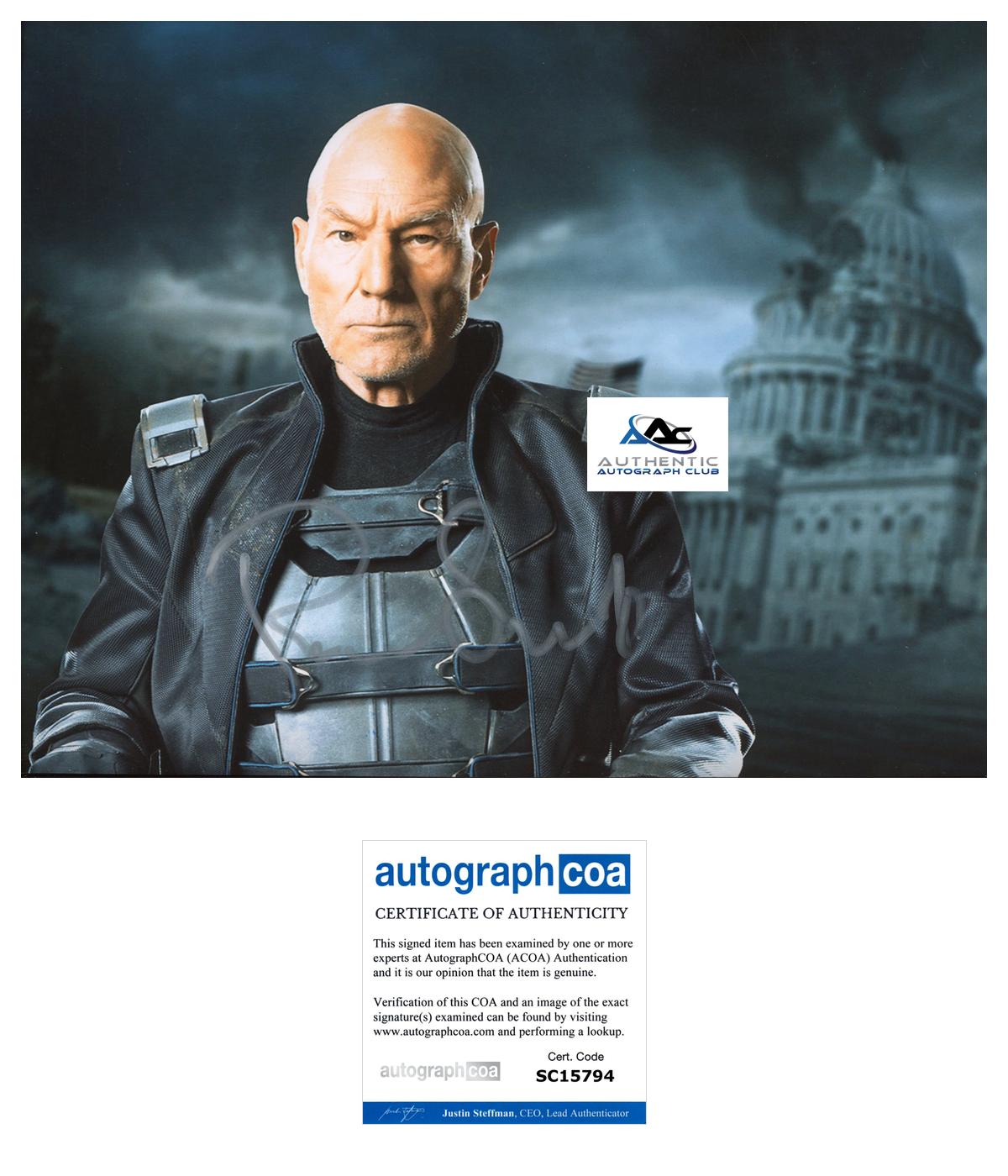 PATRICK STEWART AUTOGRAPH SIGNED 8x10 PHOTO PROFESSOR X ACOA